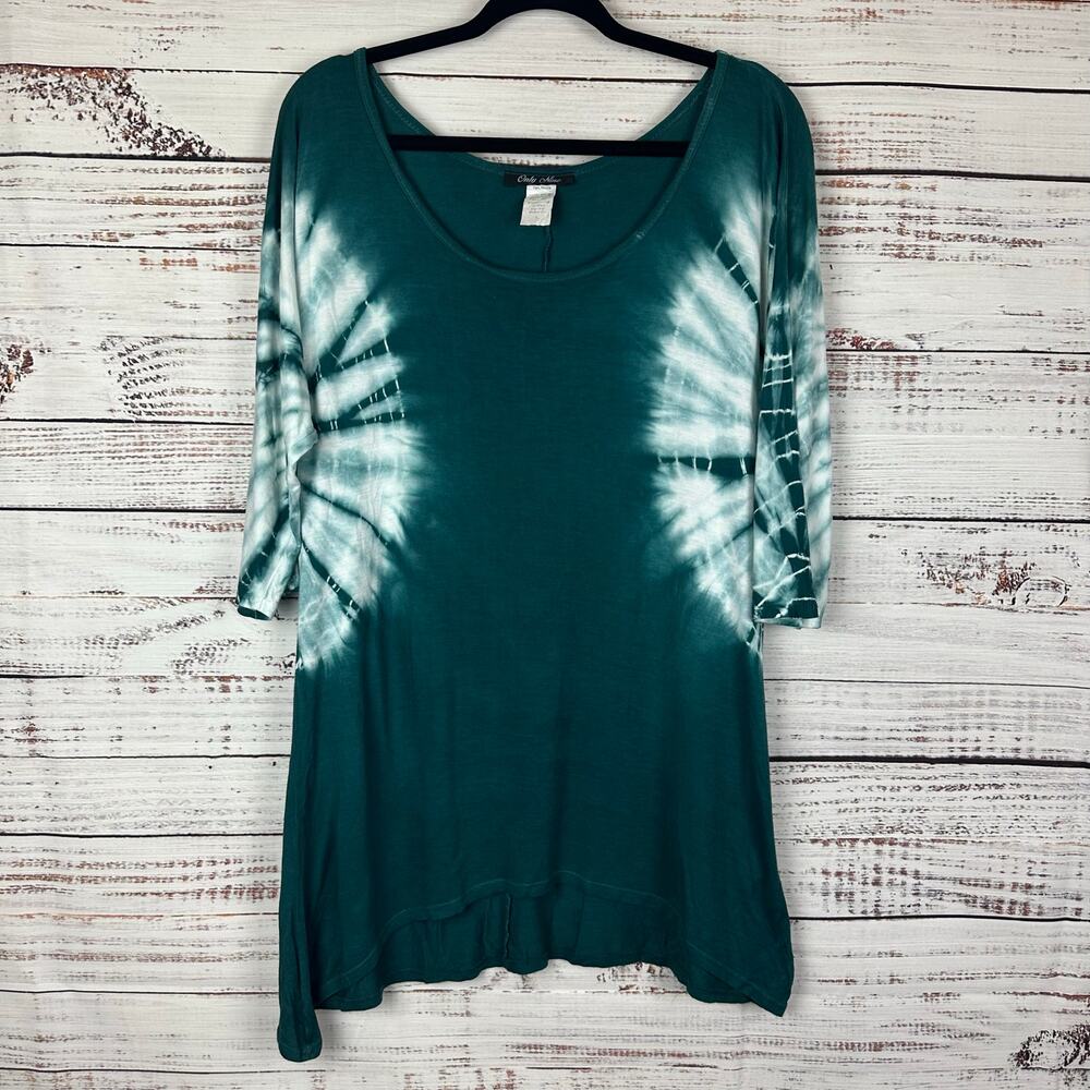 Y2K Only Nine Green Tie Dye Knit Dolman Elbow Sleeve Long Tunic T Shirt Womens L